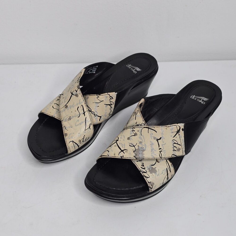 DANSKO Ava Wedge Sandals French Script Black Womens Size EU 38 US 7.5-8 Shoes